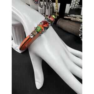 Orange Enamel Clamper Bracelet with Multicolor Crystal Accents
